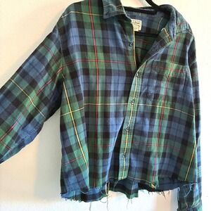Vintage LL Bean Cropped Plaid Flannel Long Sleeve Shirt Distressed Womens Large
